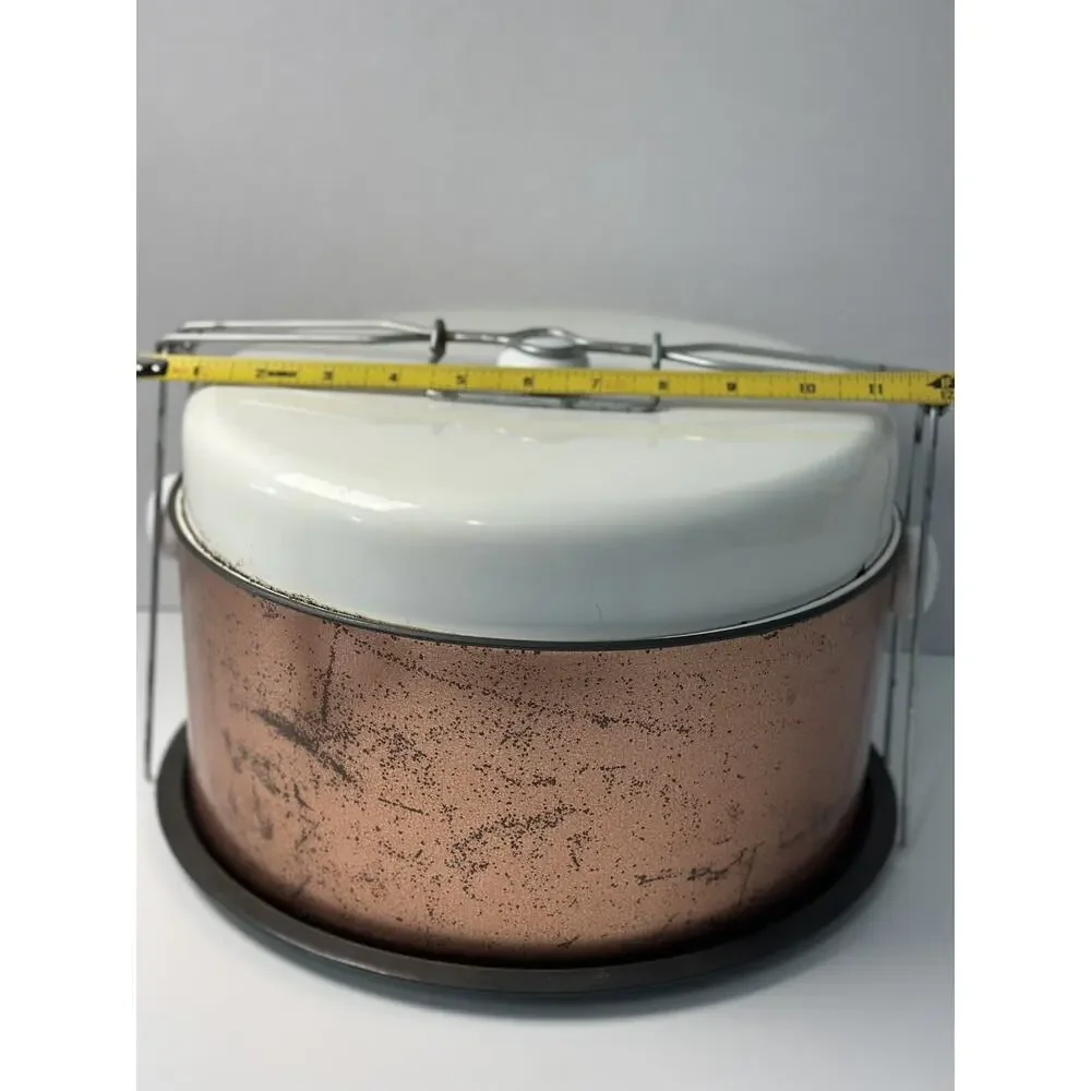 Vintage Tin Metal Cake & Pie Carrier Tote Saver Cover Copper White Mid Century